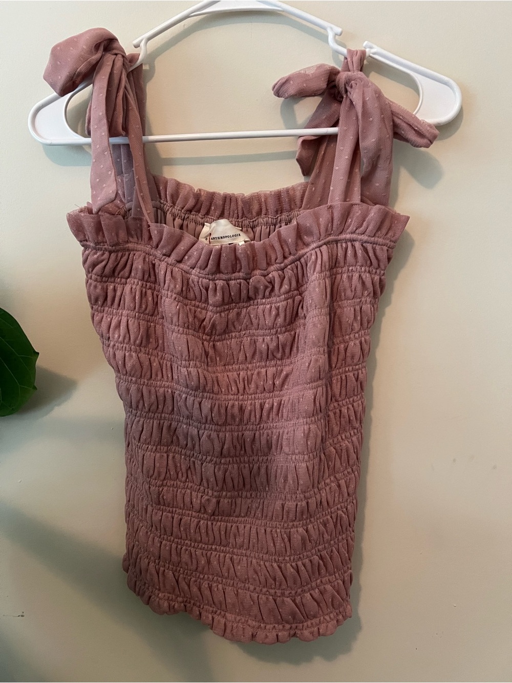 Anthropologie Mauve Smocked Tie-Shoulder Tank
